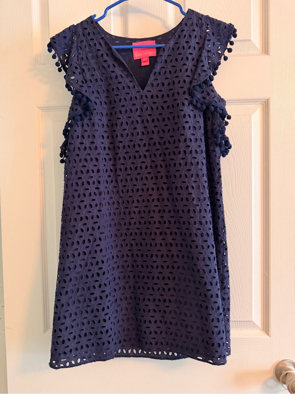 Lilly Pulitzer Navy Eyelet Shift Dress with Pom Trim